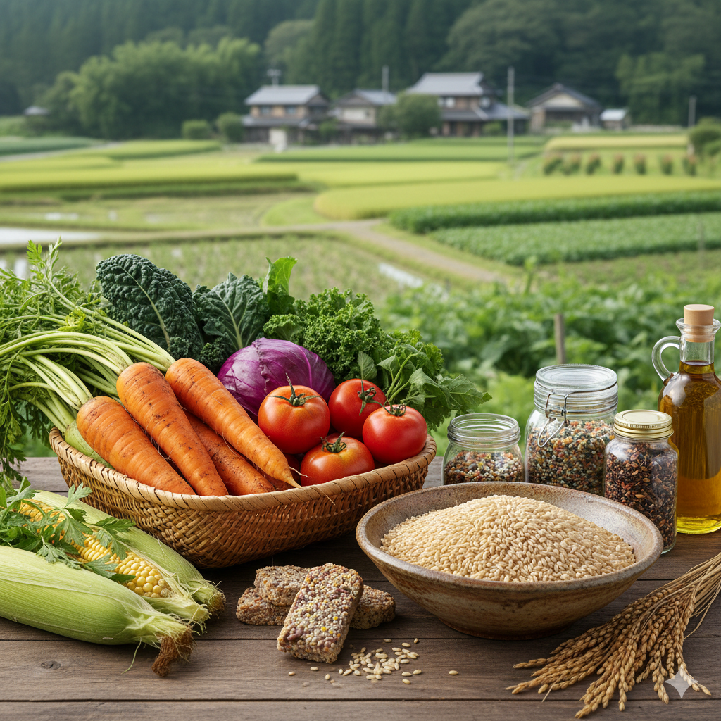 環境負荷の低い野菜や玄米・食品のイメージ